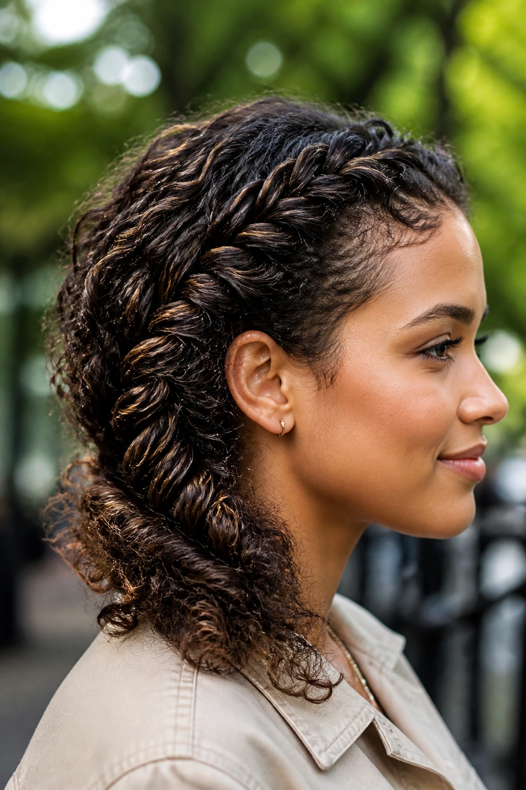 Asymmetrical fishtail braid diagonally across head on real person