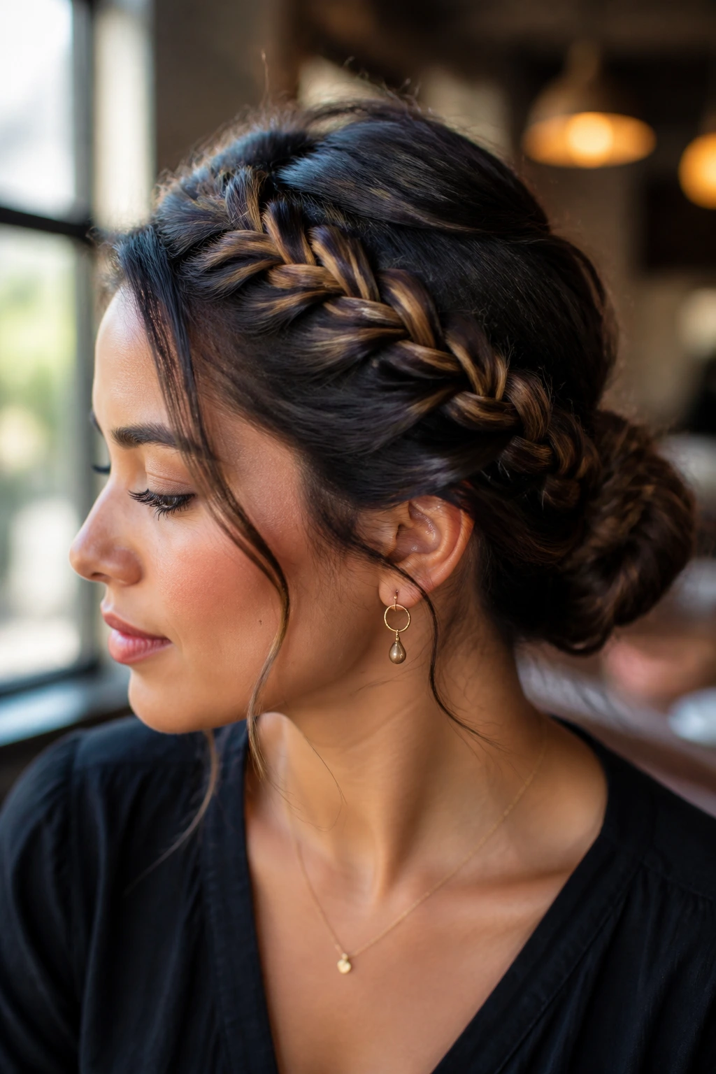 Close-up of asymmetrical diagonal French braid on a real woman