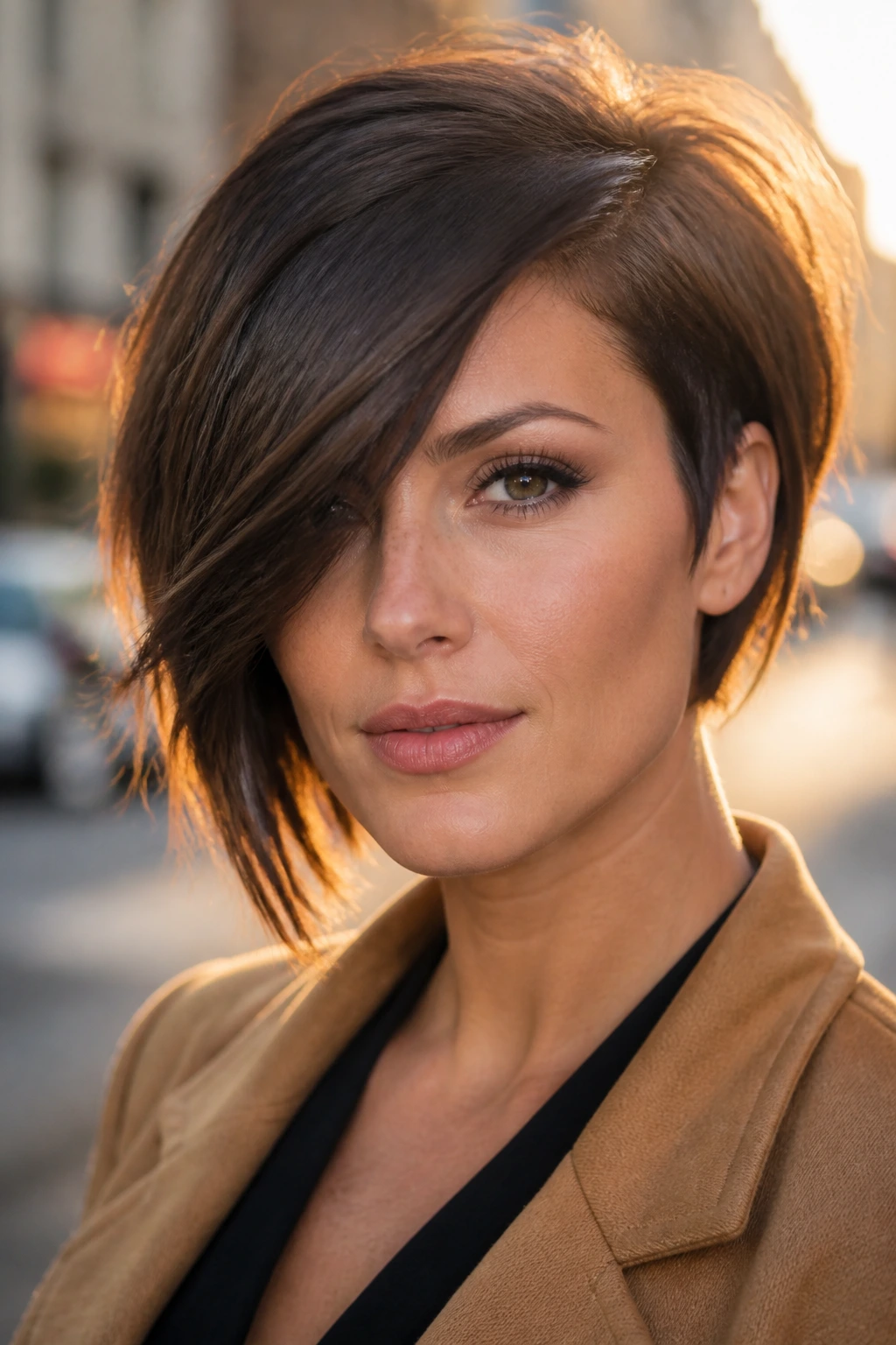 Woman with dramatic asymmetrical sweeping fringe