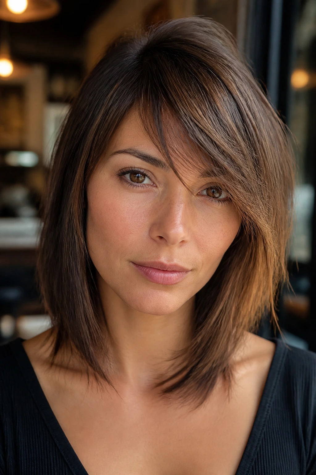 Close-up of a real woman with asymmetrical feathered side fringe in cafe light