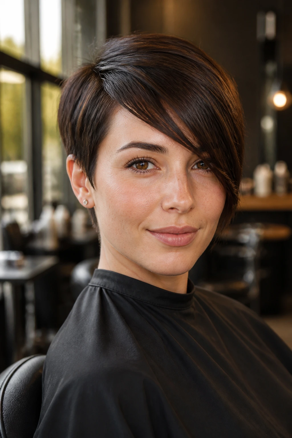 Close-up portrait of a real woman with asymmetrical side fringe in a sunlit salon