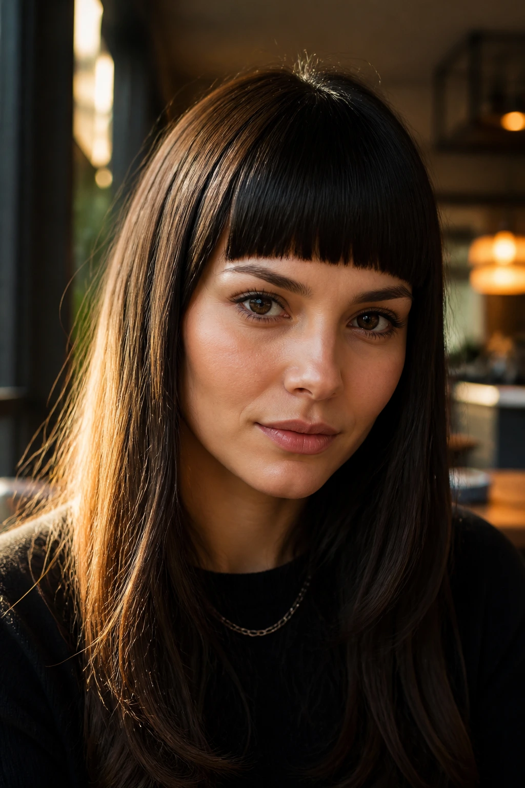 Close-up portrait of a real woman with an asymmetrical edge straight-across fringe