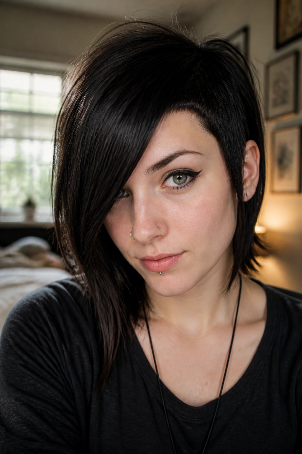 Close-up of a real woman with an asymmetrical fringe and contrasting fringe lengths