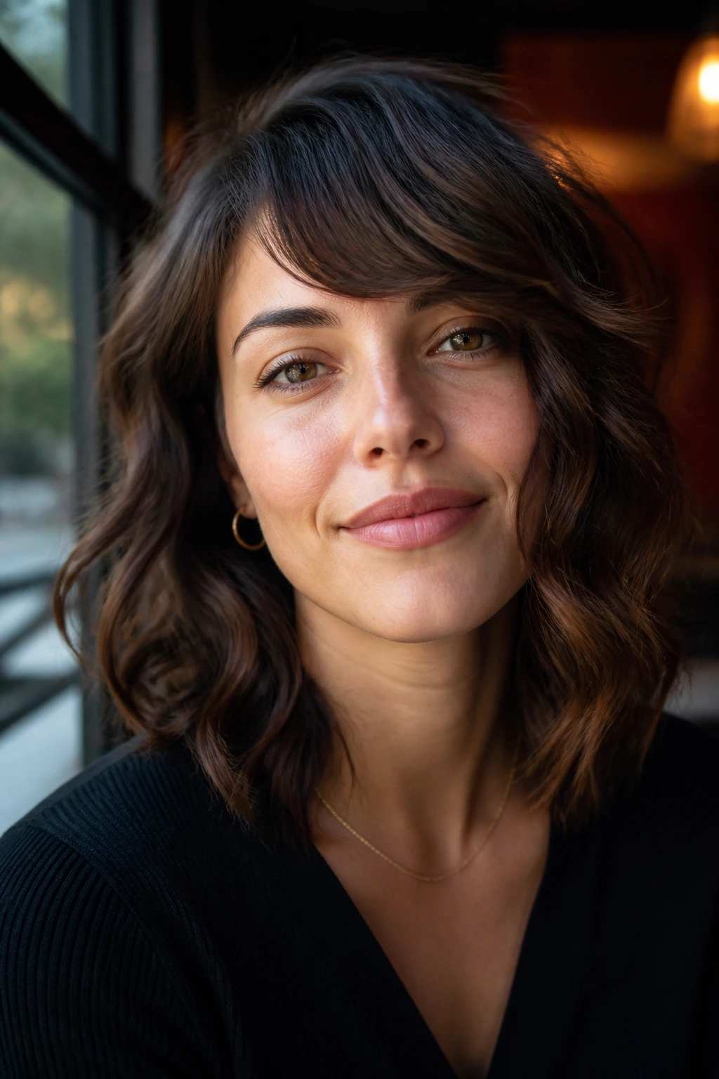 Close-up portrait of a woman with an asymmetrical wavy sweep fringe.