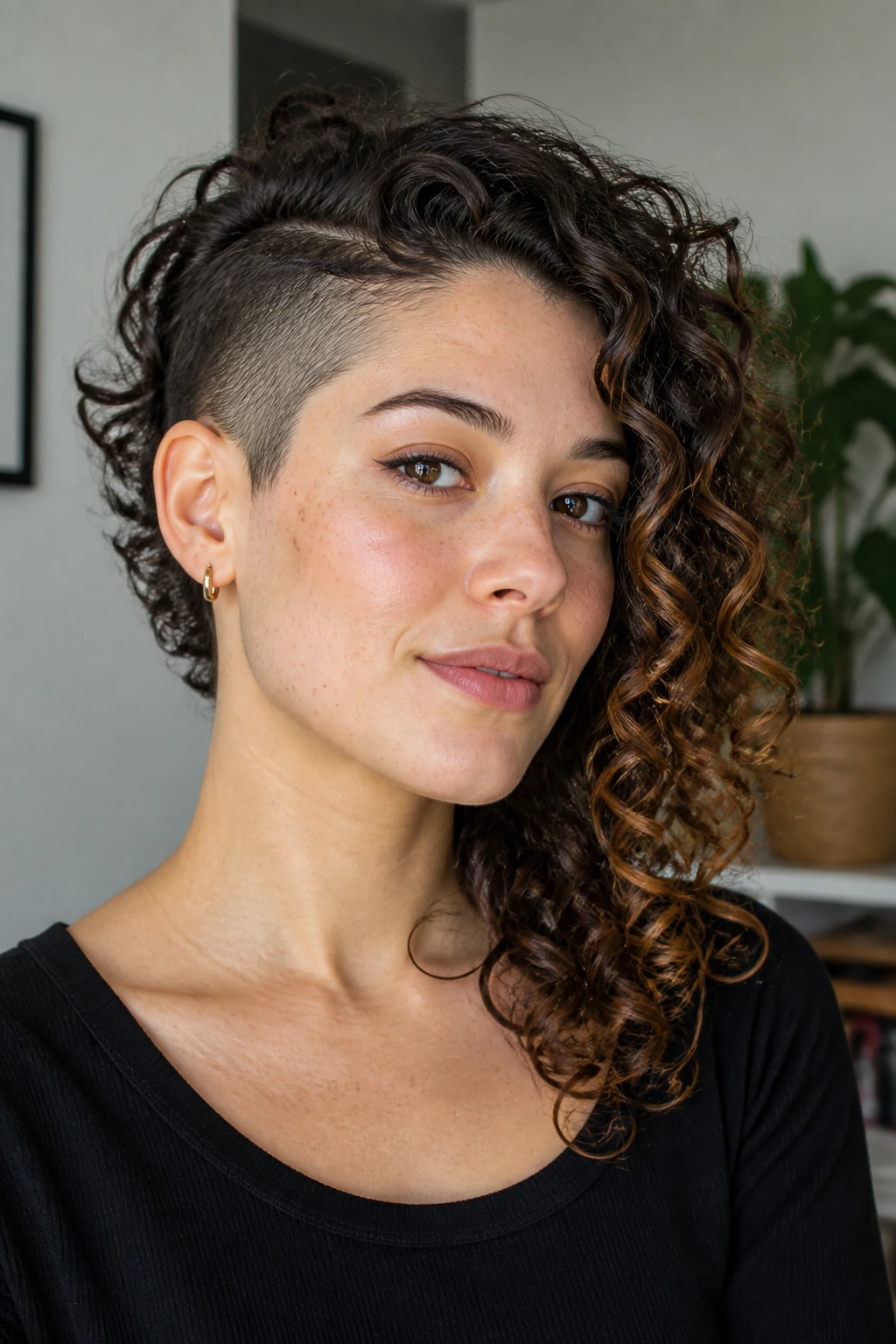 Close-up portrait of a real person with an asymmetrical curly cut