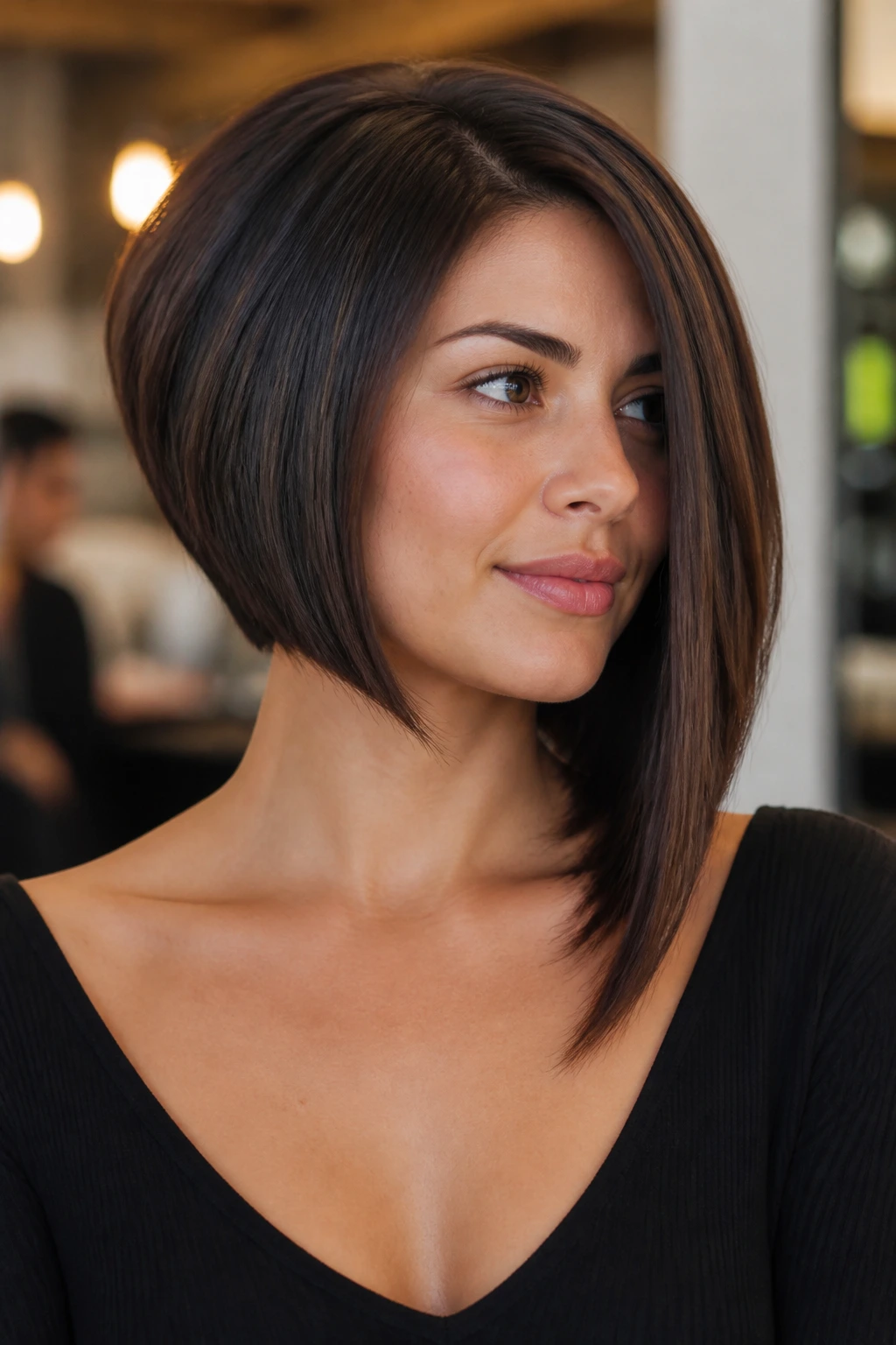 Close-up portrait of a woman with an asymmetrical inverted bob