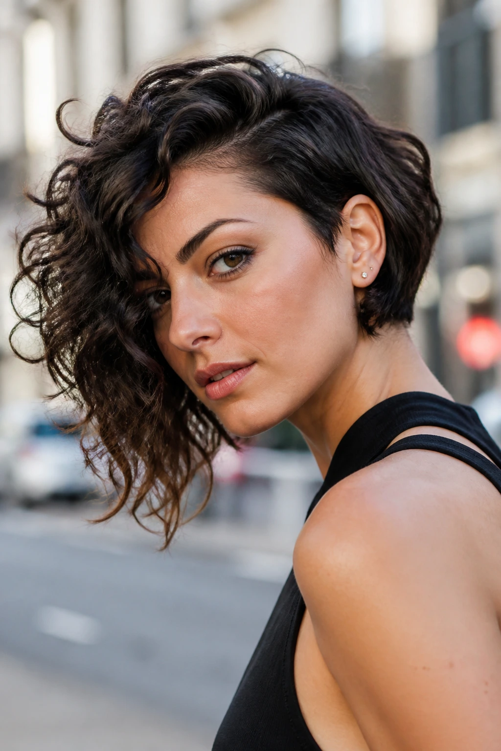 Portrait of a real person with The Asymmetrical Inverted Bob, one side shorter than the other