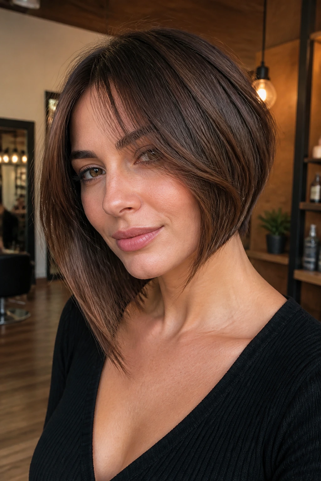 Close-up portrait of a real woman with asymmetrical inverted bob and curtain bangs in a warm salon.