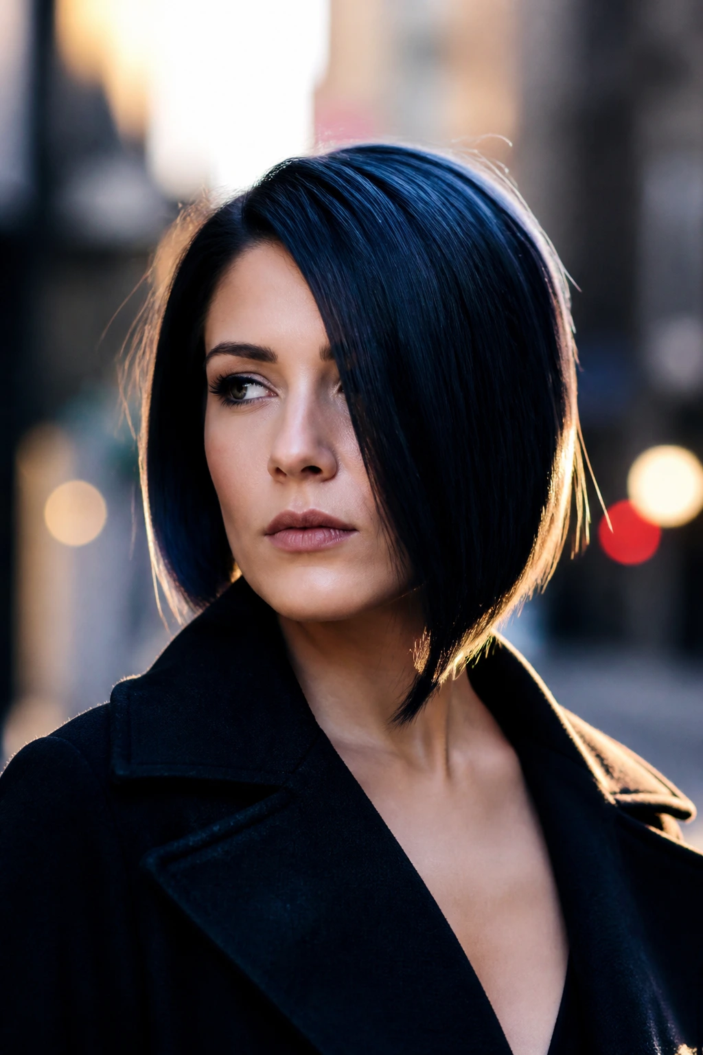 Close-up portrait of a real woman with an asymmetrical inverted bob and bold color