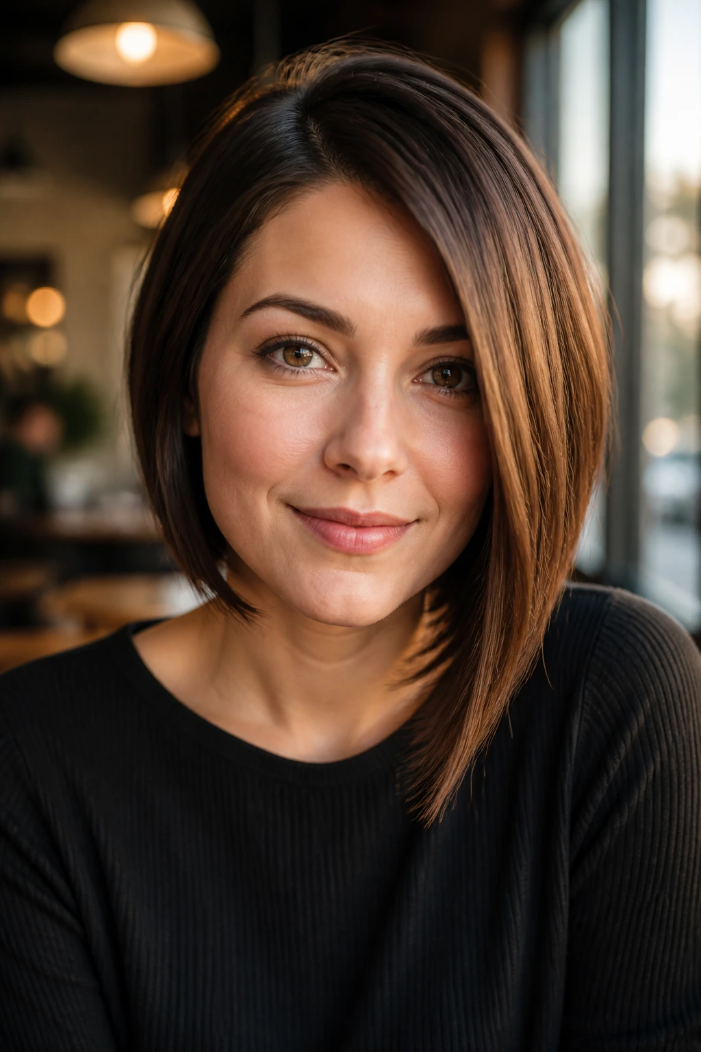 Close-up portrait of a real woman with asymmetrical inverted lob hairstyle in a cafe