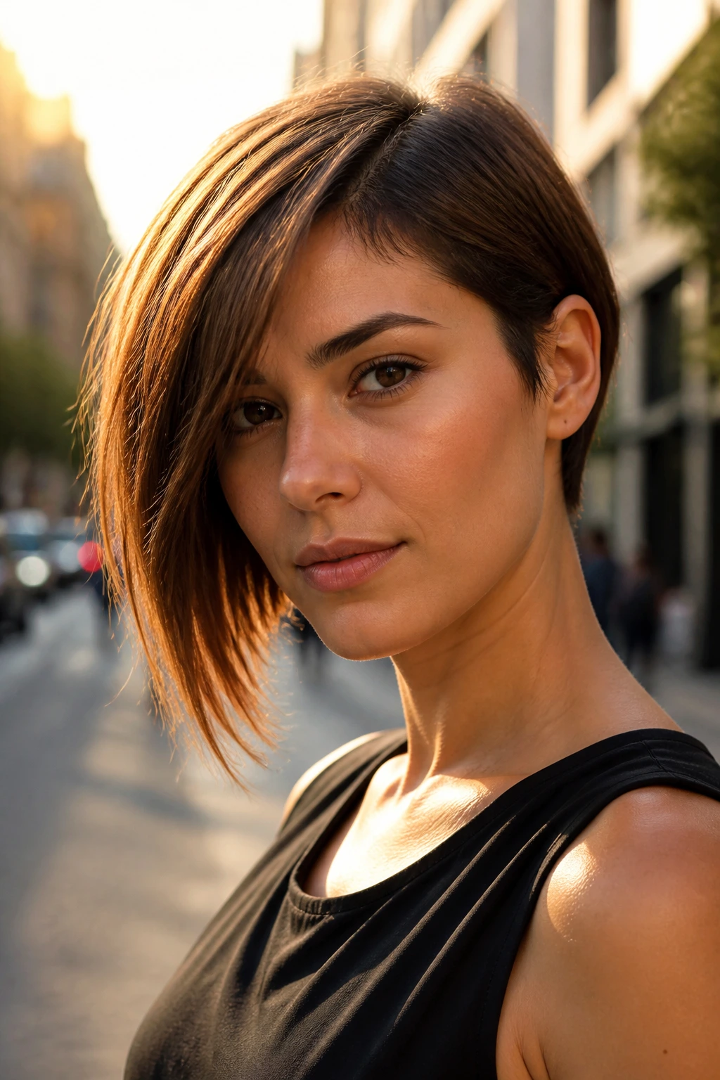 Close-up of asymmetrical layered bob on real person with dramatic diagonal line.