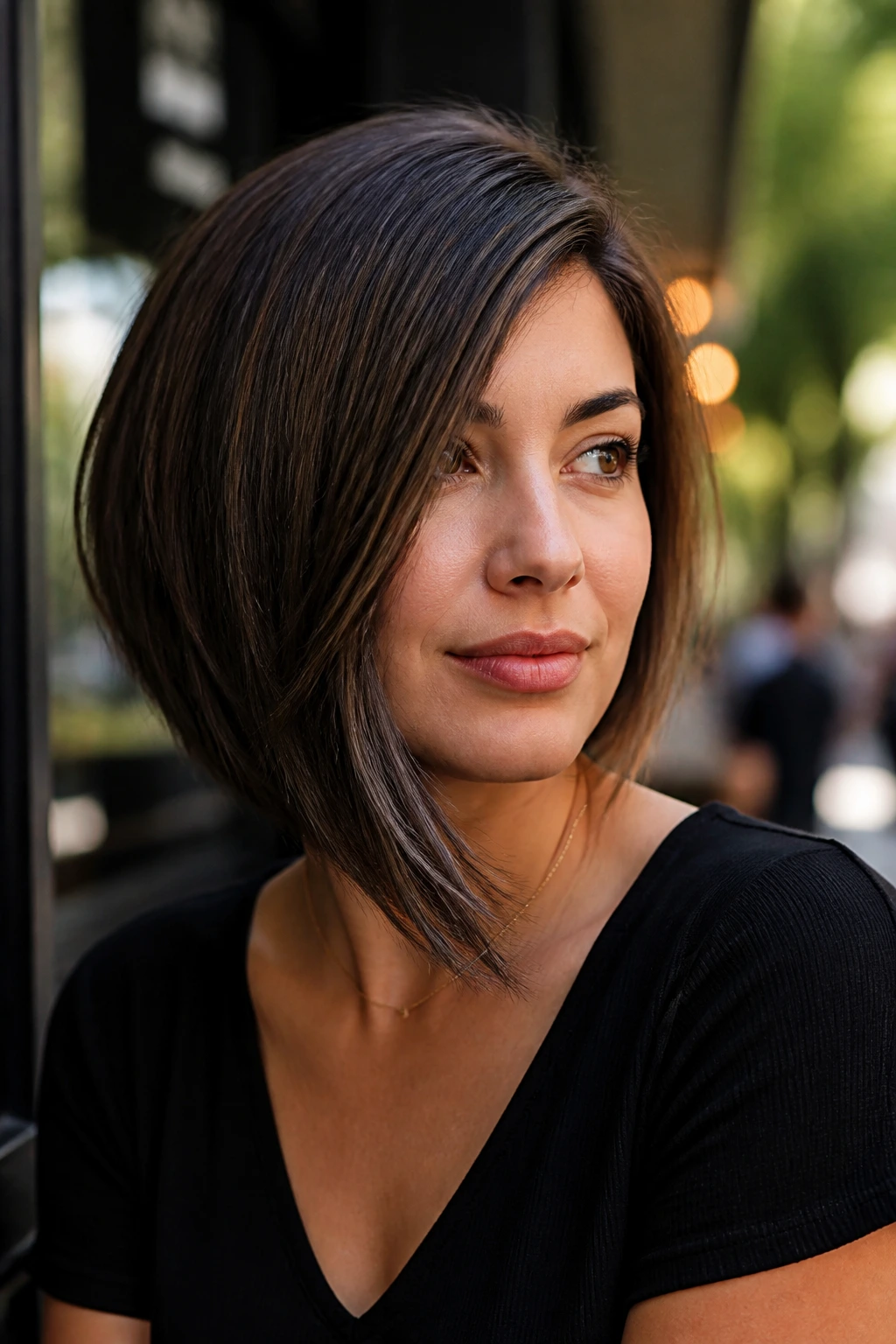 Close-up of a real woman with asymmetrical lob and angled layers