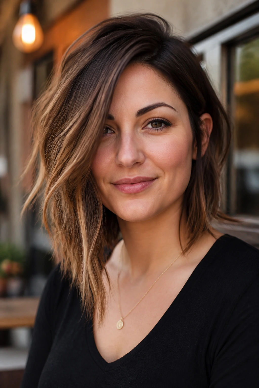 Portrait of a real woman with an asymmetrical lob hairstyle.