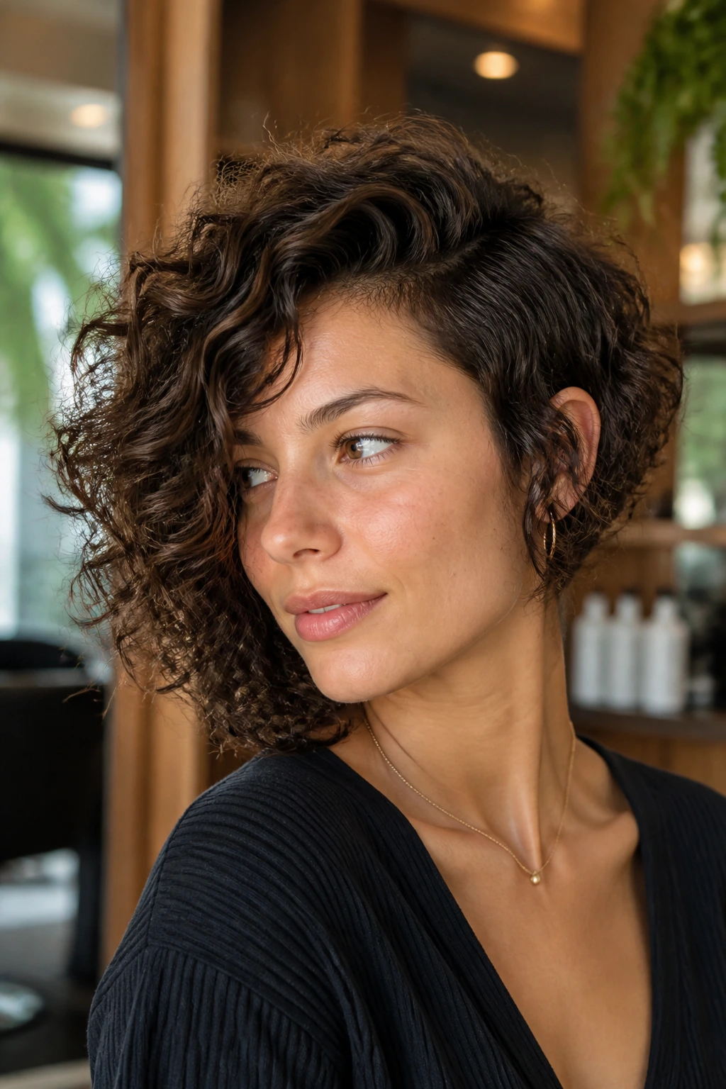 Close-up of a real woman with an asymmetrical lob showing one shorter side and defined curls