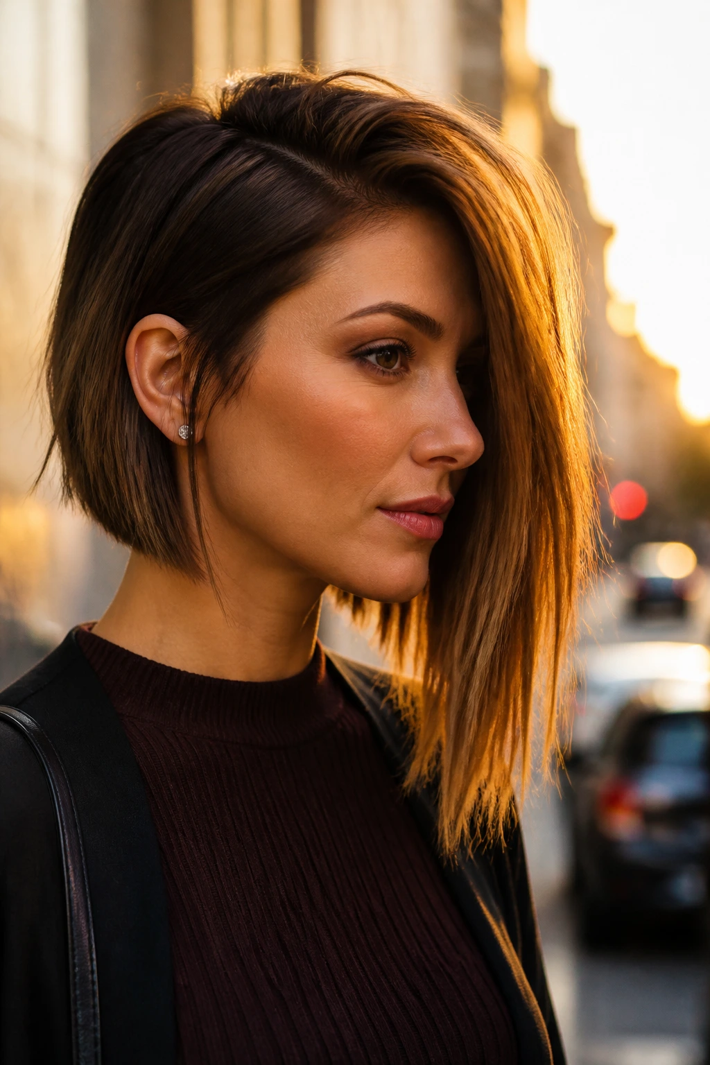 Real person with dramatic asymmetrical deep-angled lob in golden hour light