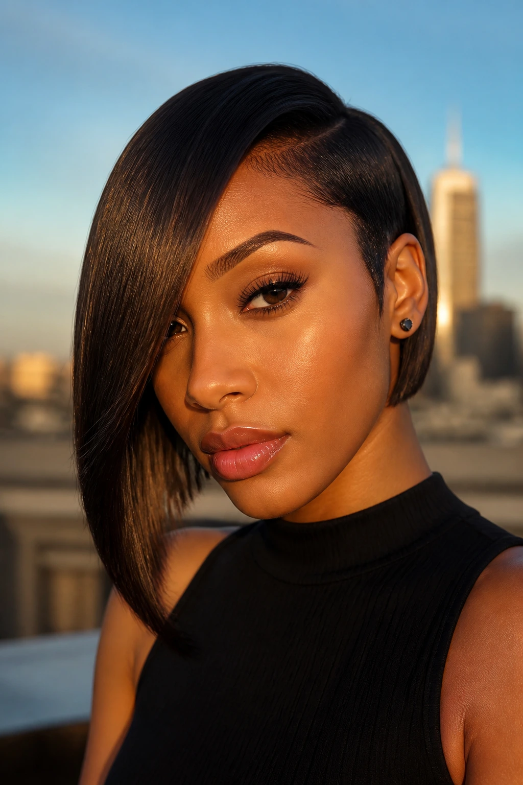 Portrait of a real woman with an asymmetrical lob and sharp edges under golden hour light