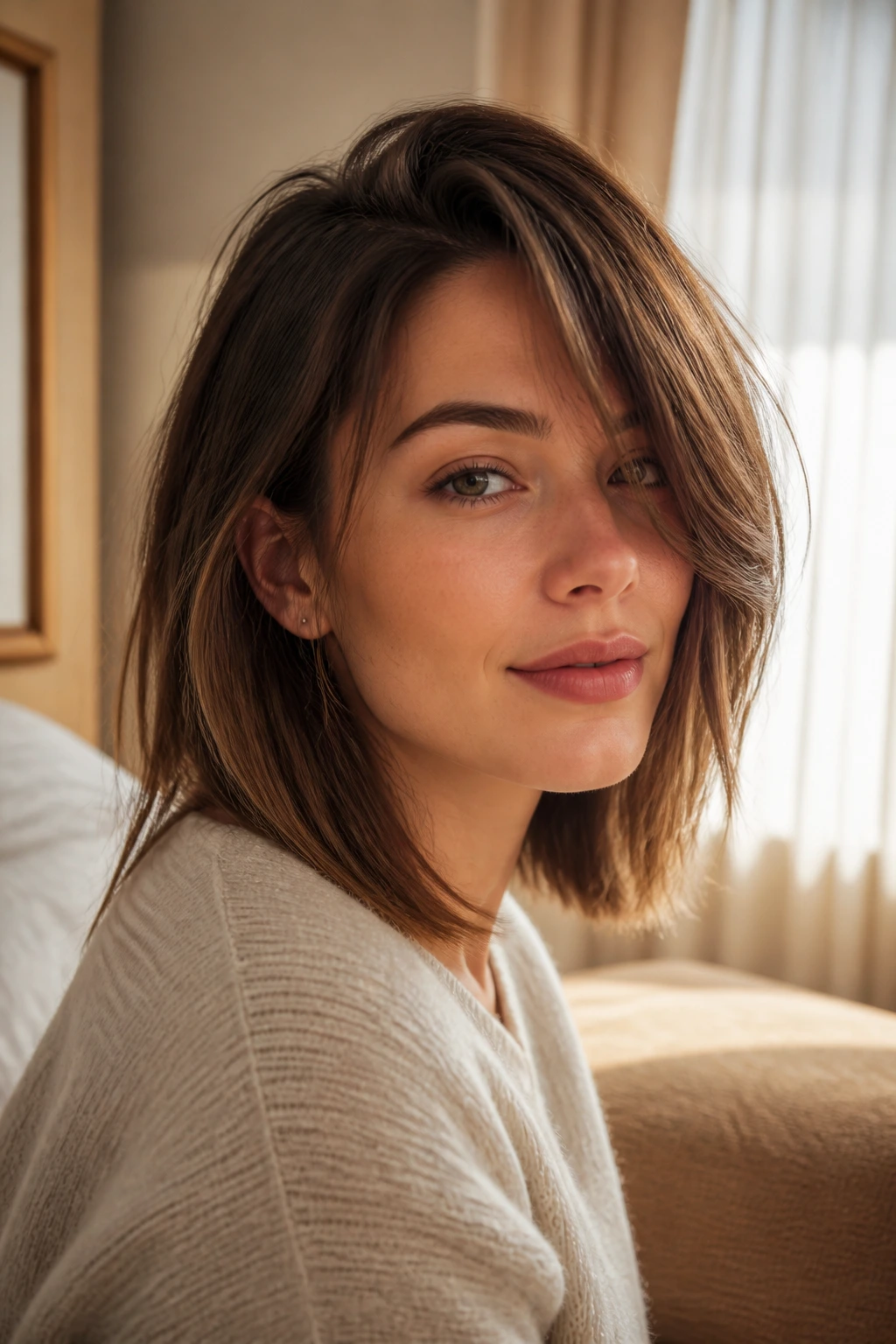Close-up portrait of a real woman with a soft asymmetrical lob and face-framing fringe in warm window light.