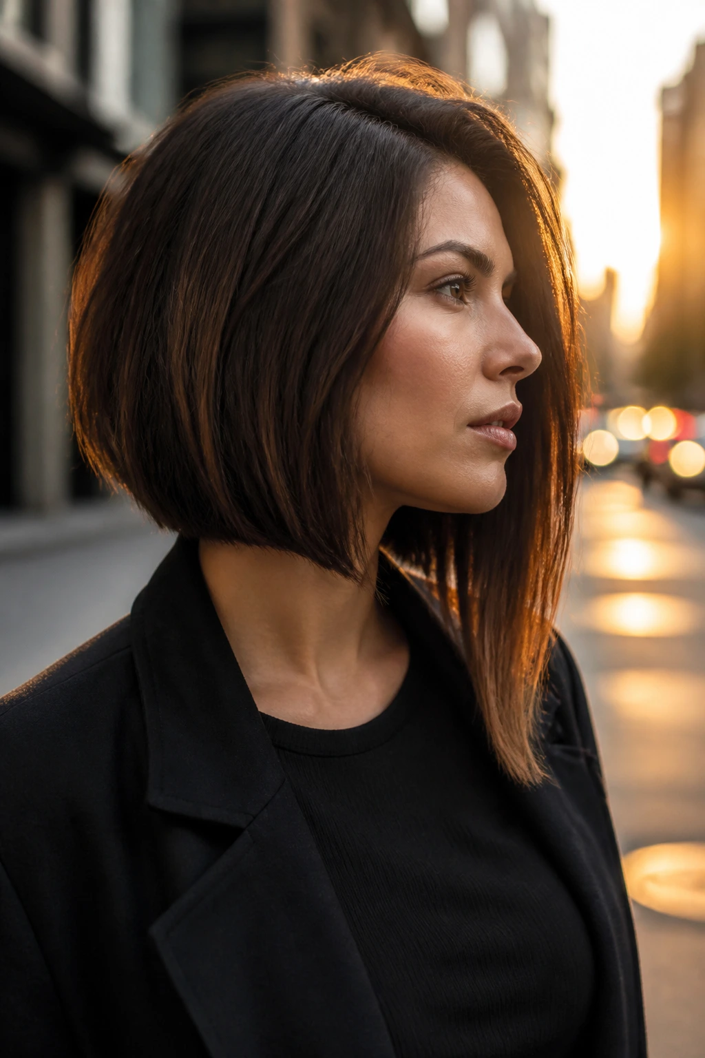 Side profile of a person with an asymmetrical lob haircut