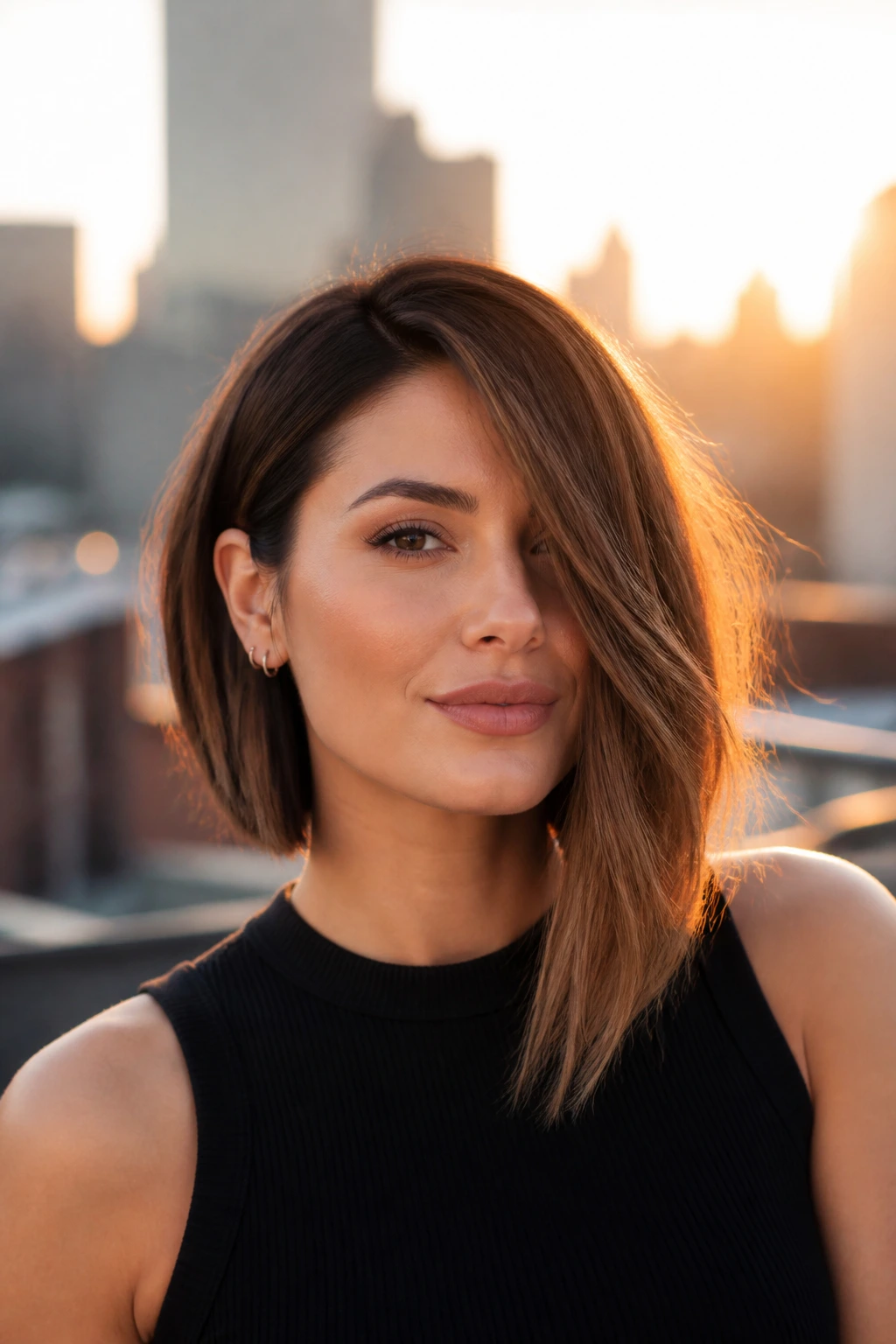 Close-up portrait of a real woman with an asymmetrical lob at golden hour