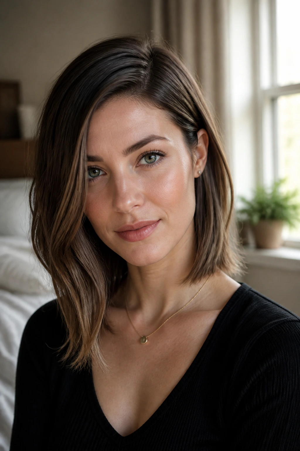 Close-up of a real woman with an asymmetrical lob in warm window light