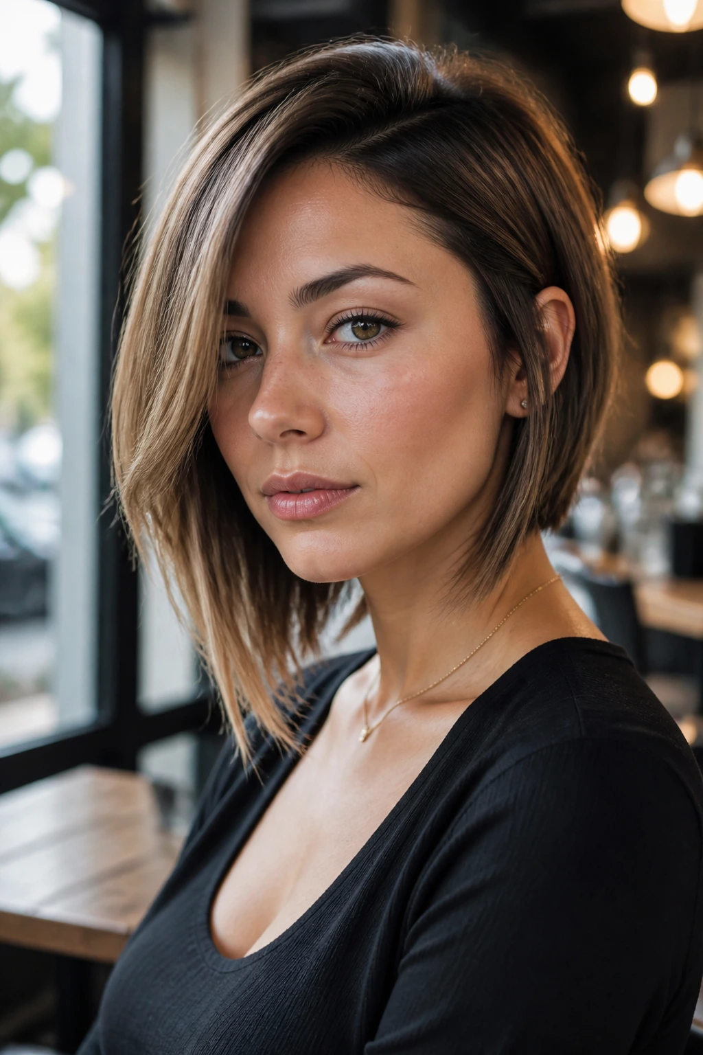 Portrait of a real person with an asymmetrical lob haircut