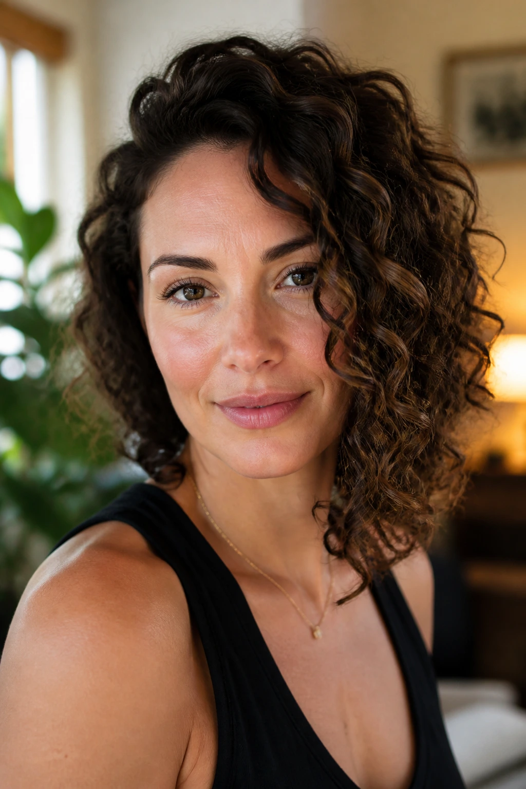 Close-up of a real woman with an asymmetrical lob haircut, one side longer.
