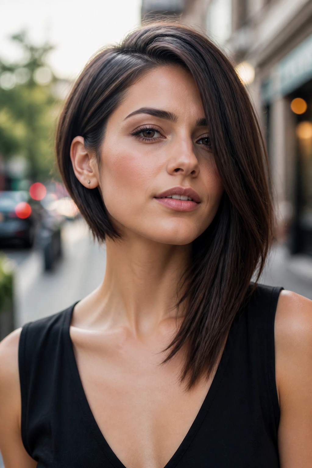 Close-up of a woman with an asymmetrical lob hairstyle showing length difference