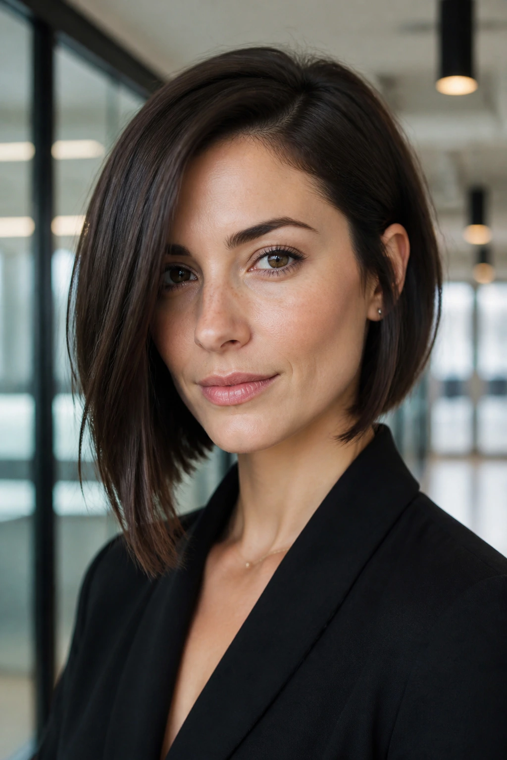 Asymmetrical Lob hairstyle on a real woman in a modern office hallway.