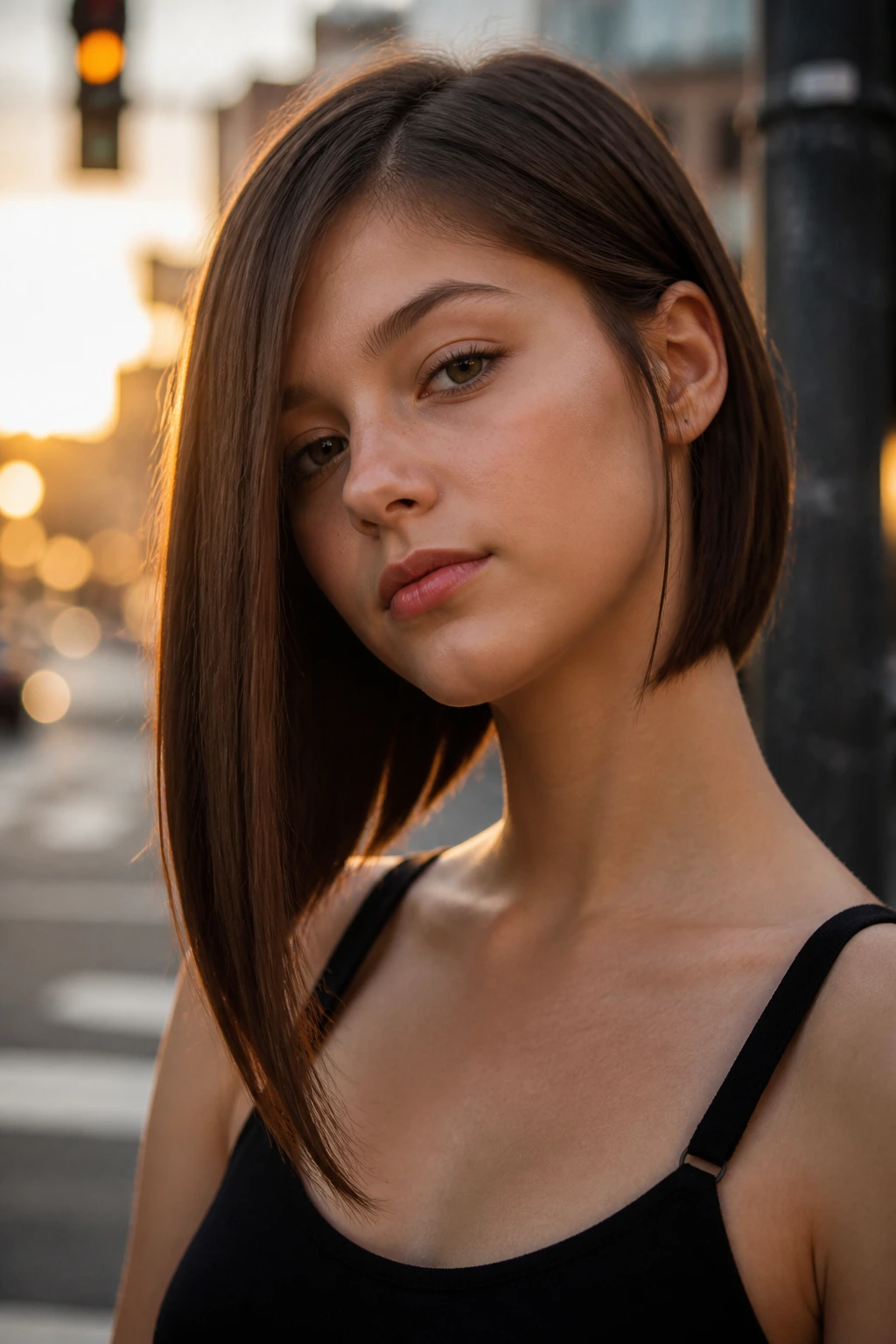 Close-up portrait of a real teen girl with an asymmetrical lob in golden hour light