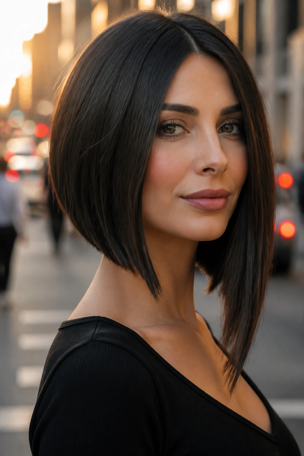 Portrait of a woman with an asymmetrical long bob on a city street at golden hour.