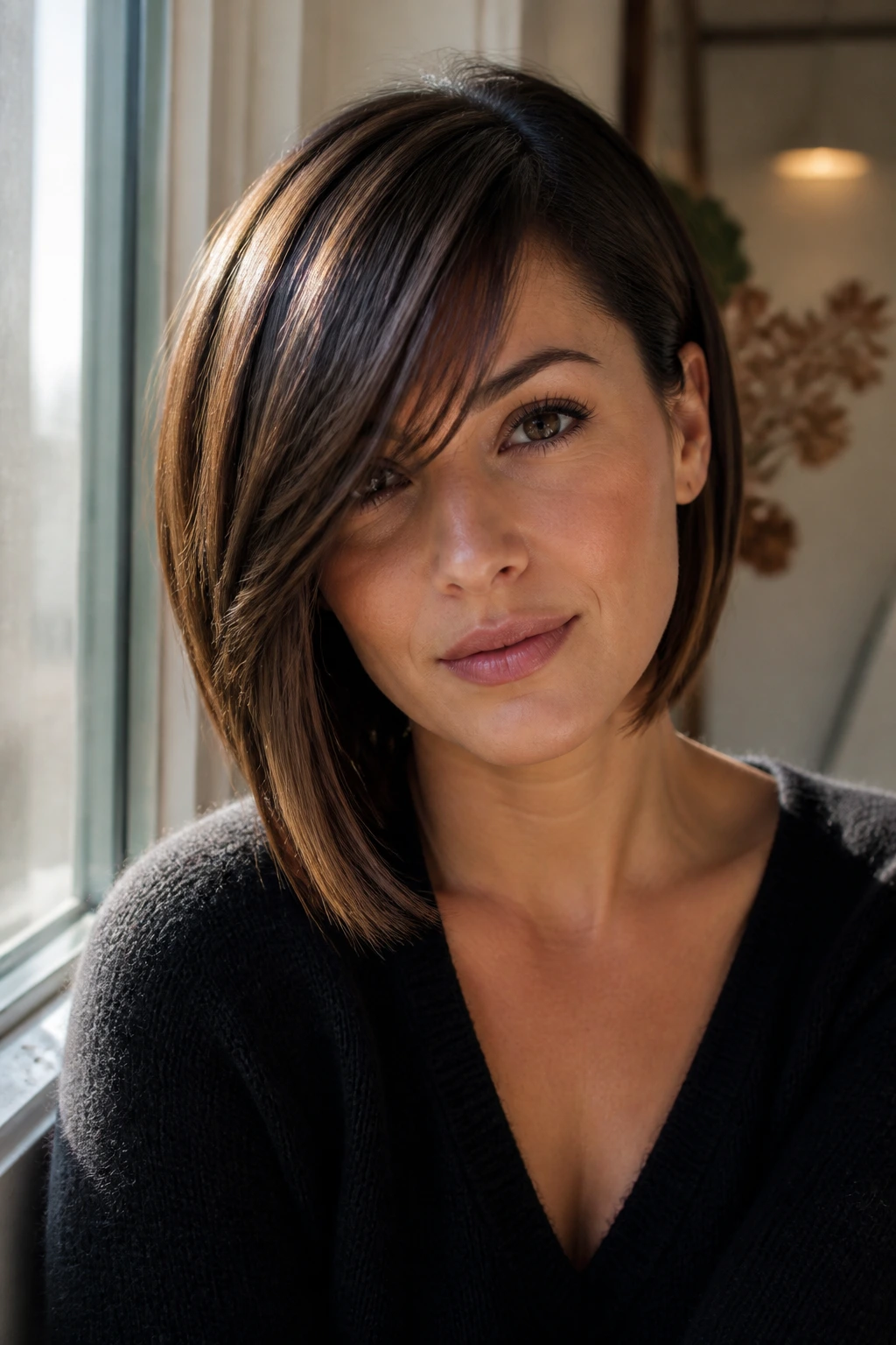Close-up portrait of a real woman with an asymmetrical lob and side bangs, natural light.