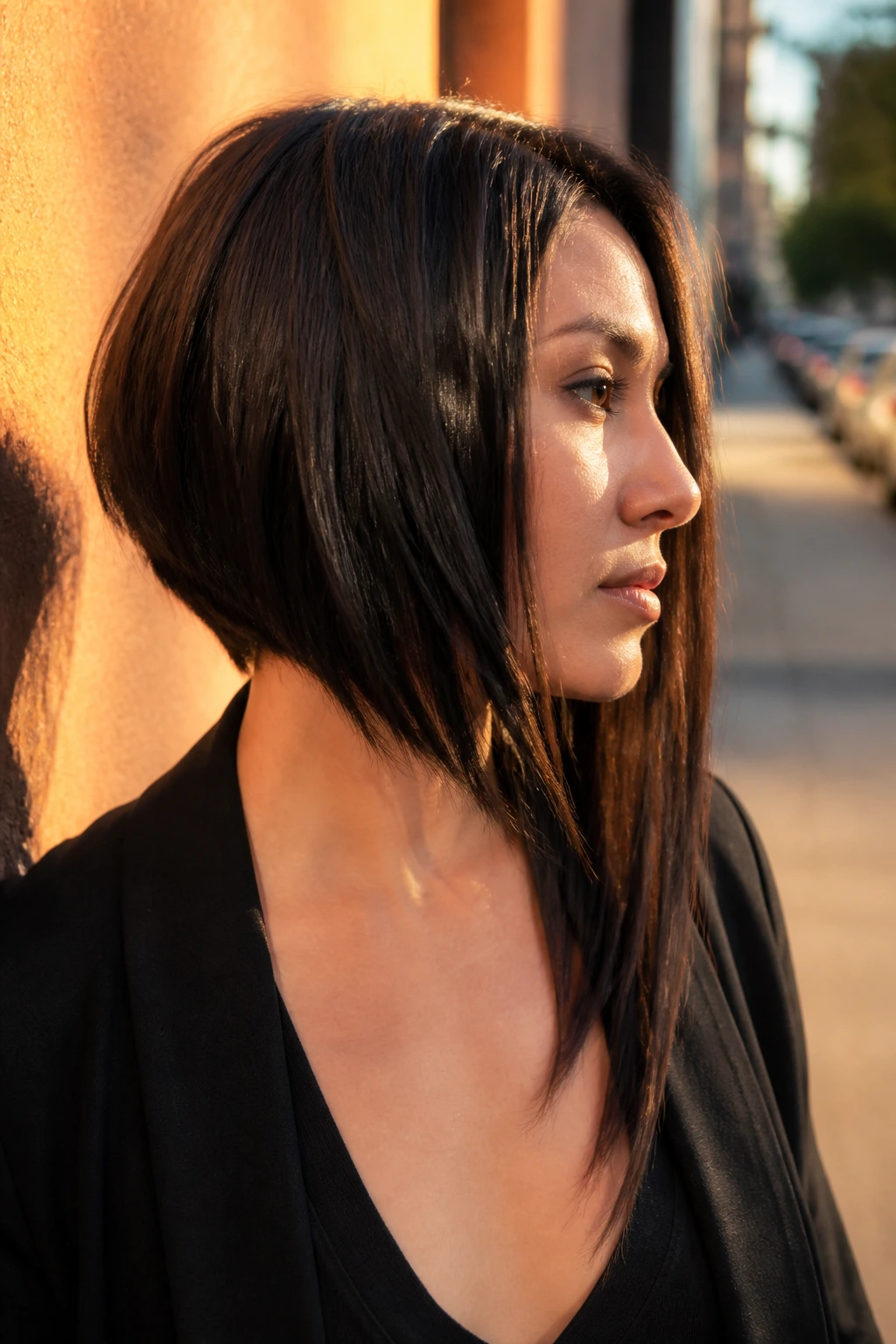 Close-up of an asymmetrical lob on a real woman in an urban setting