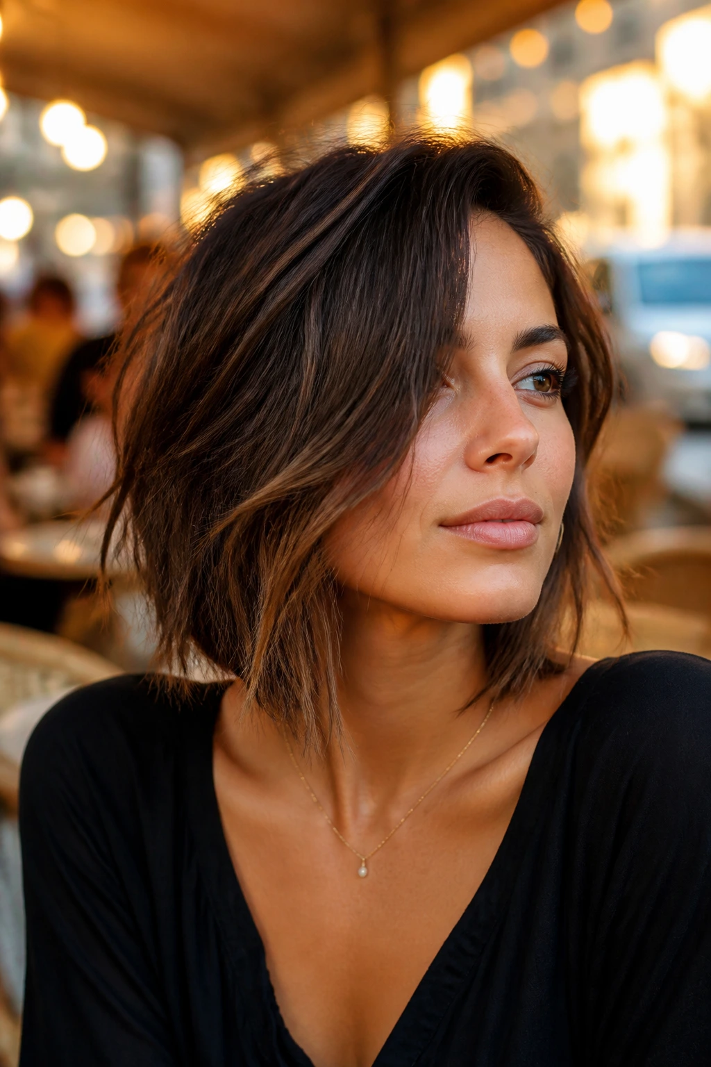 Close-up portrait of a real woman with an asymmetrical lob