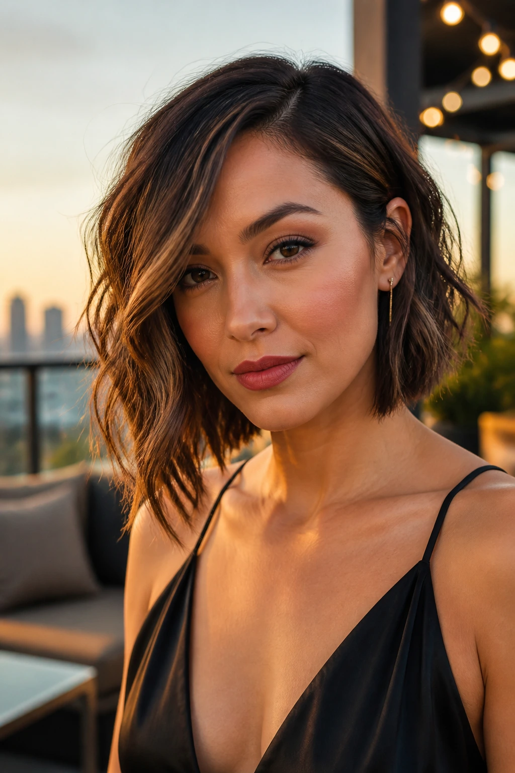 Close-up of a real woman with a wavy asymmetrical lob in golden hour light