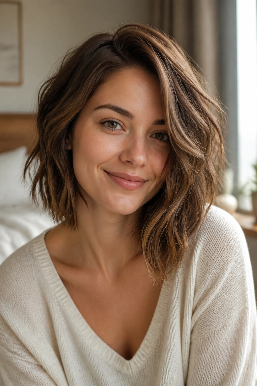 Close-up portrait of a real woman with a wavy asymmetrical lob hairstyle in natural light