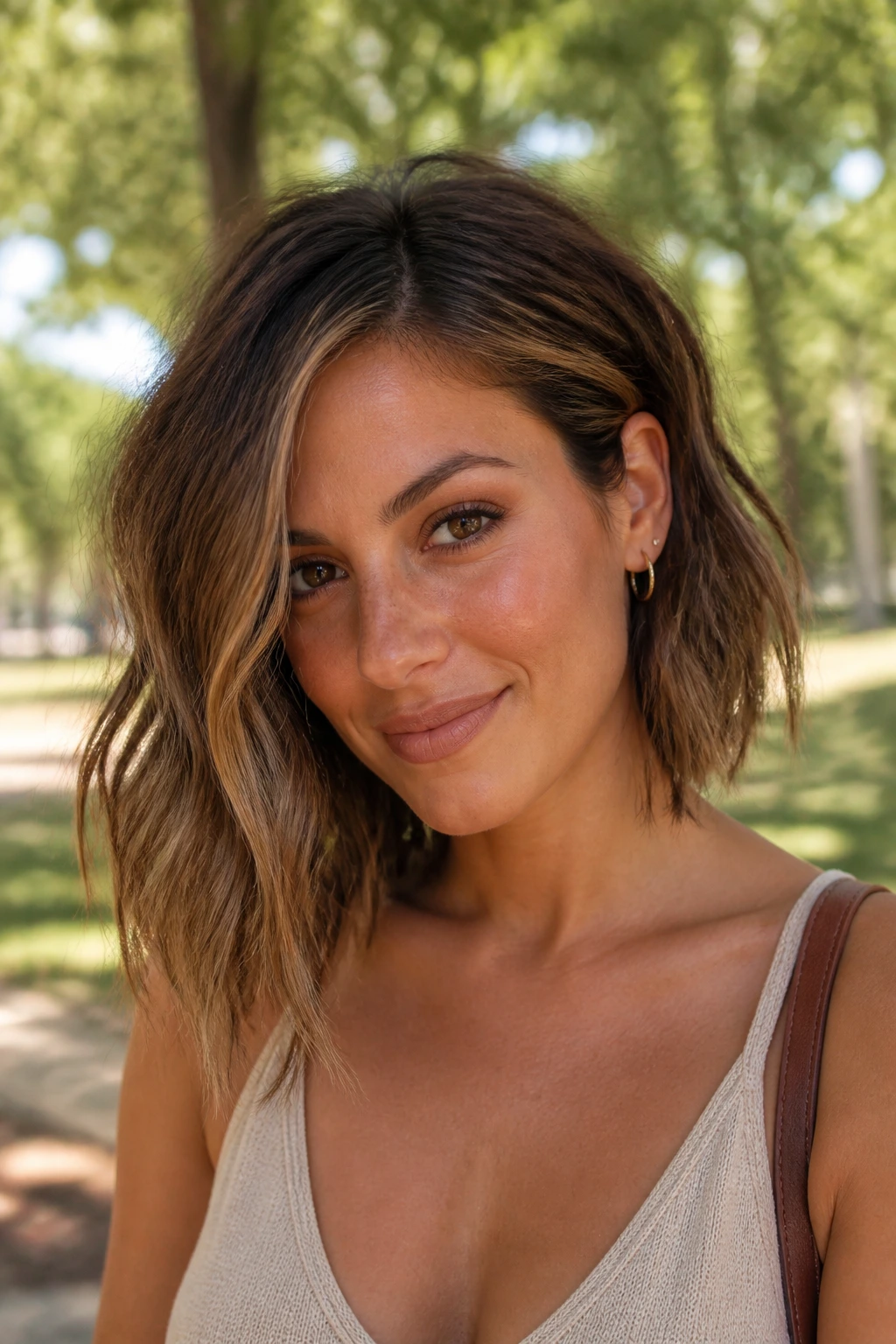 Portrait of a woman with textured wavy lob and asymmetrical length