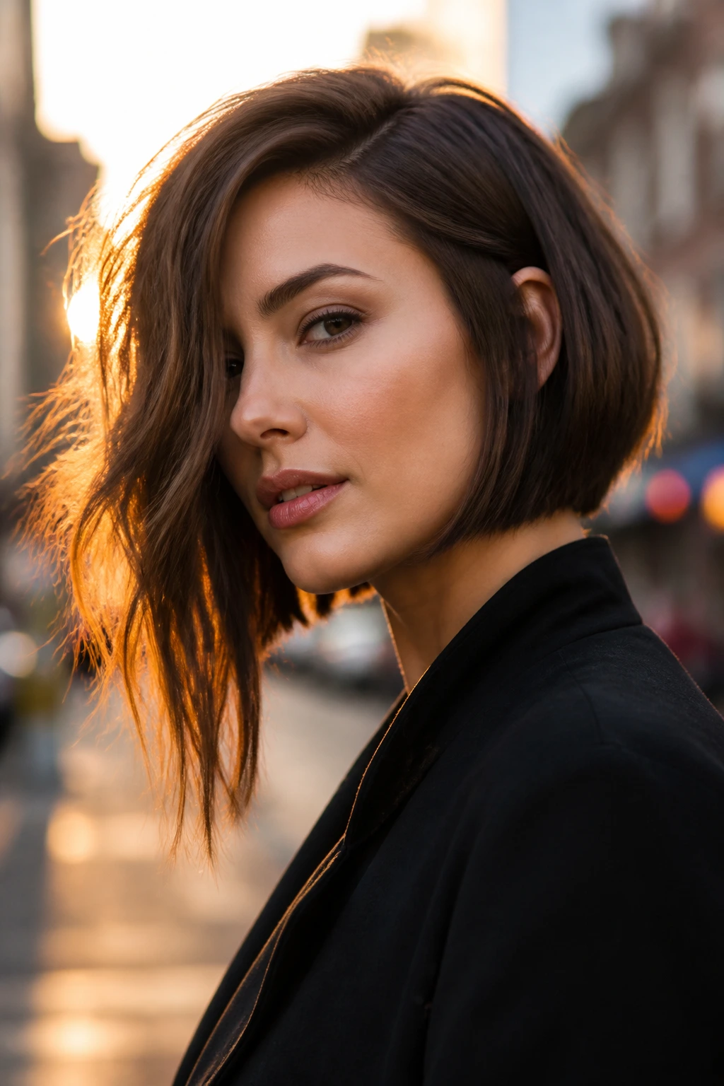 Close-up of a real woman with asymmetrical long bob on city street