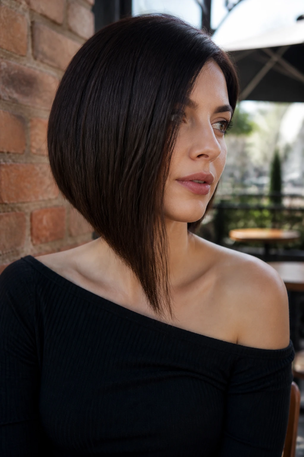 Real person with asymmetrical long bob in urban setting