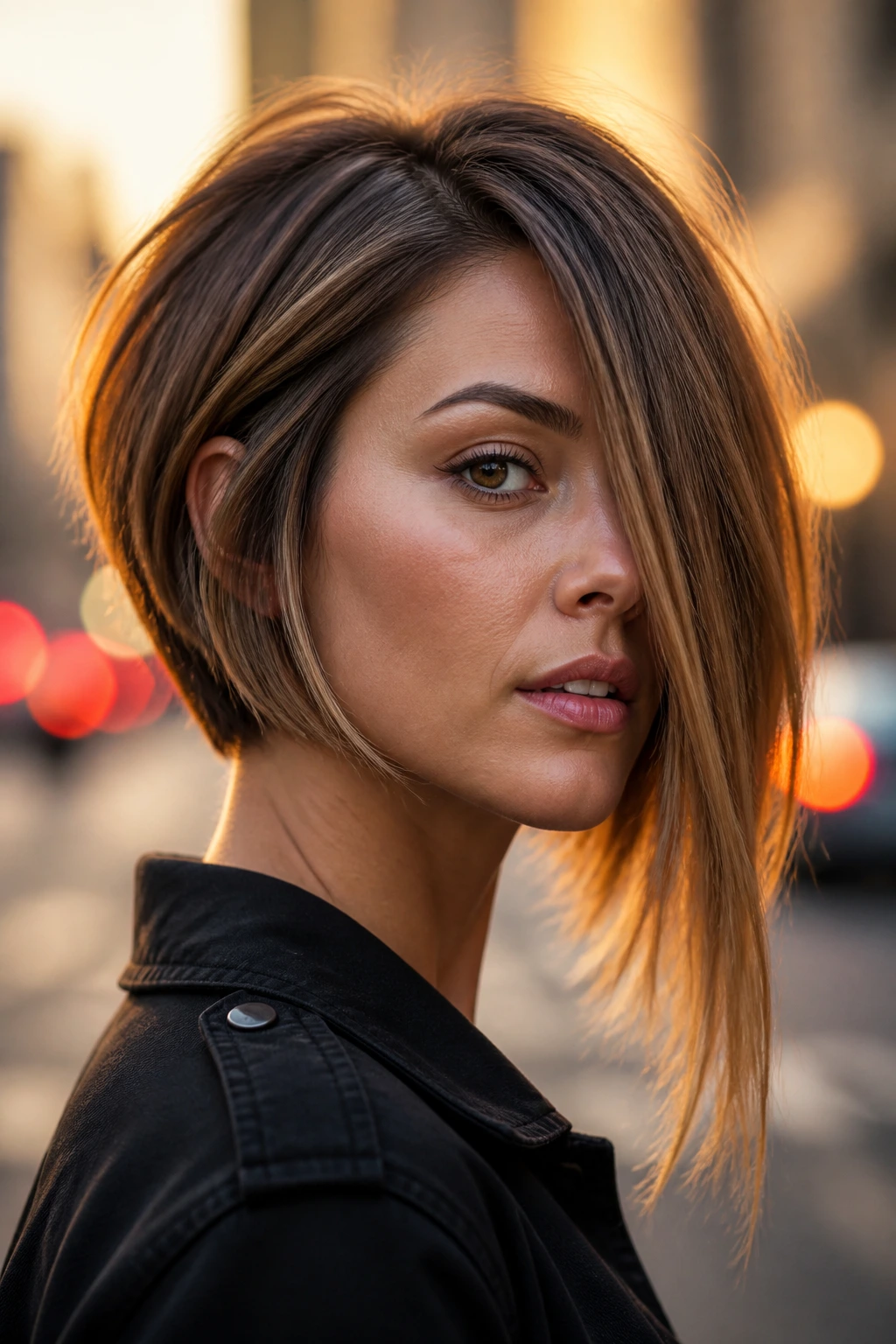 Close-up portrait of a real woman with an asymmetrical stacked bob showing short back and longer front.
