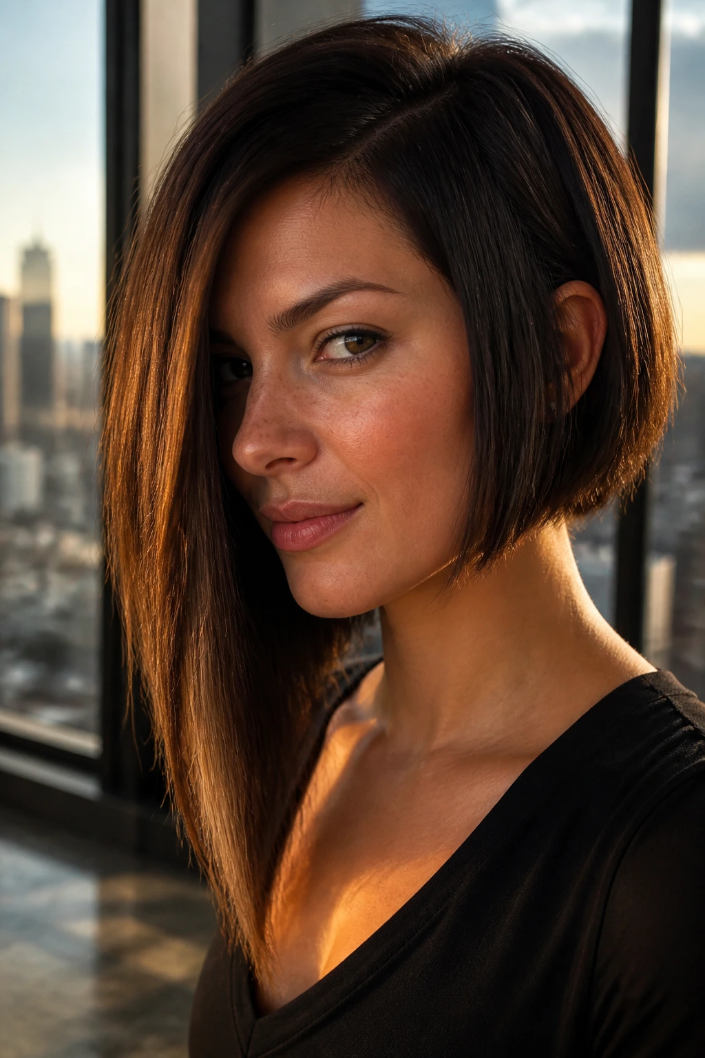 Portrait of a real woman with an asymmetrical long-to-short A-line hairstyle