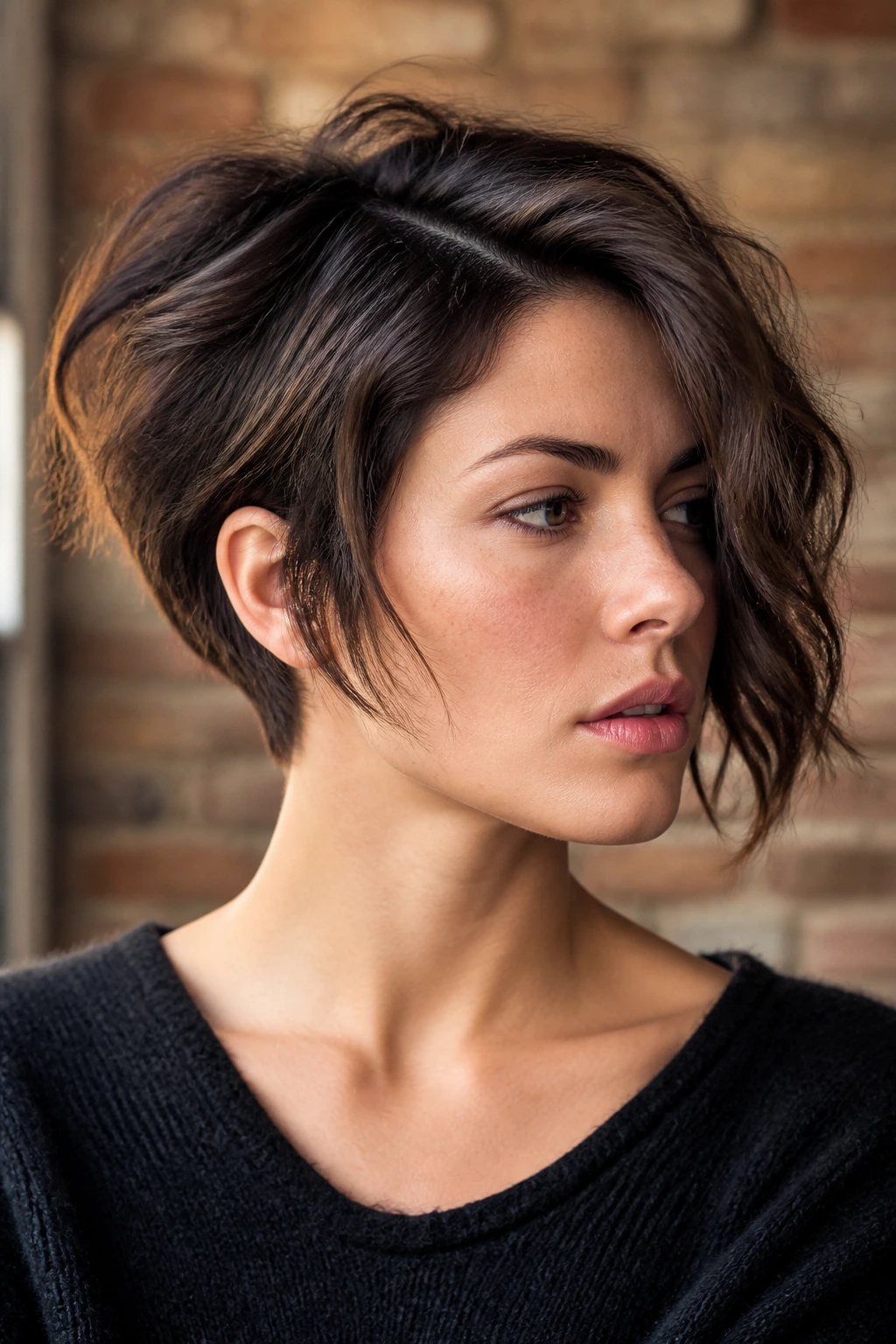 Close-up of a real woman with an asymmetrical messy crop in an urban loft setting.
