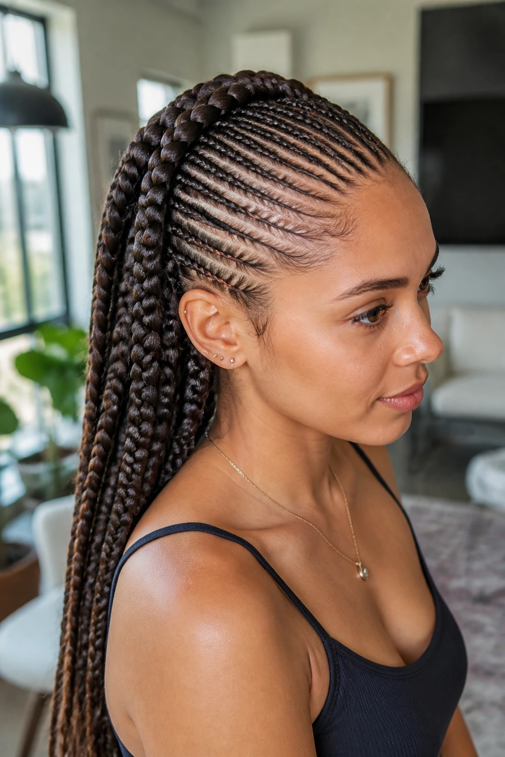 Close-up portrait of a real woman with asymmetrical pencil braids front small back large