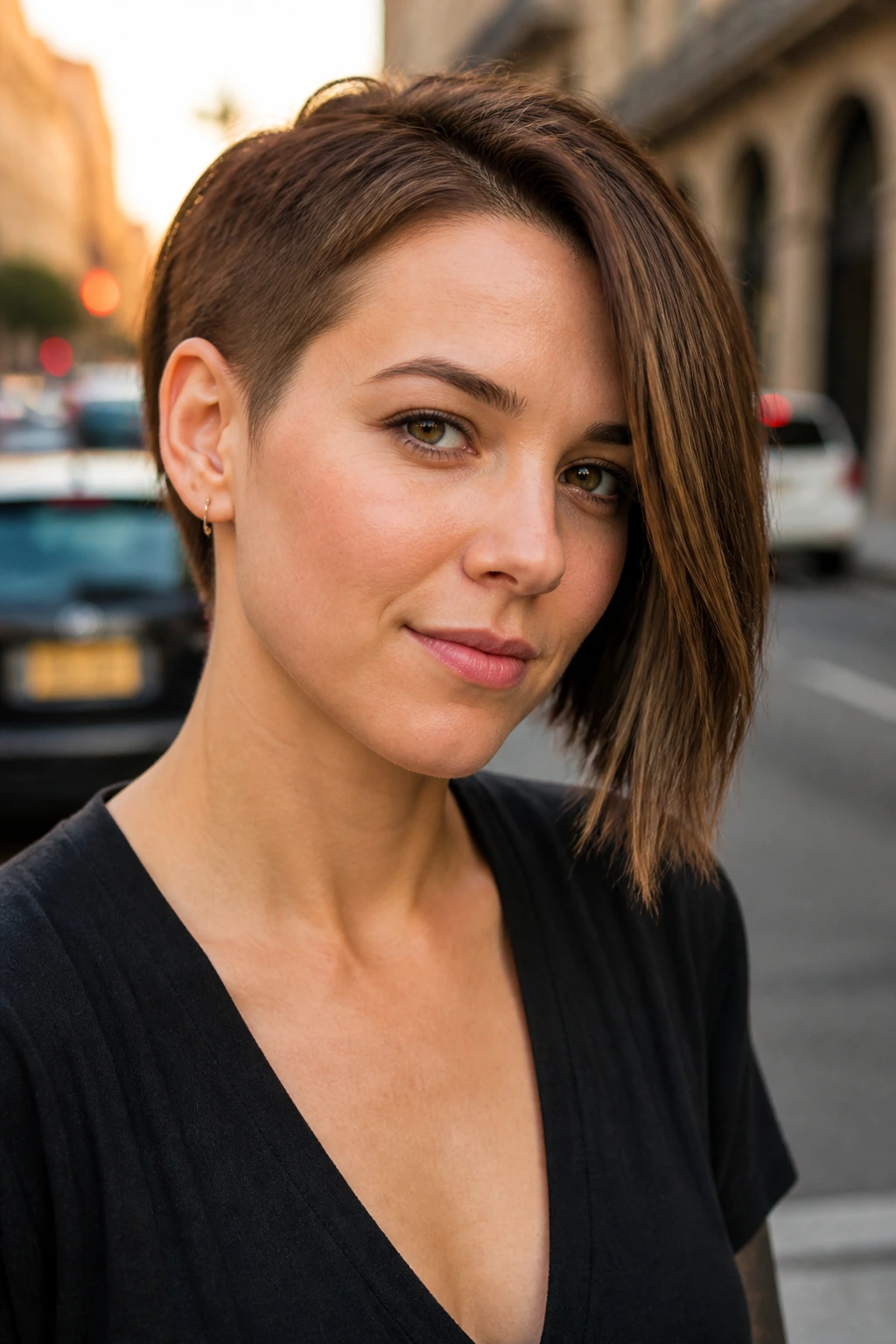 Portrait of a woman with an asymmetrical pixie-bob hybrid on a city street