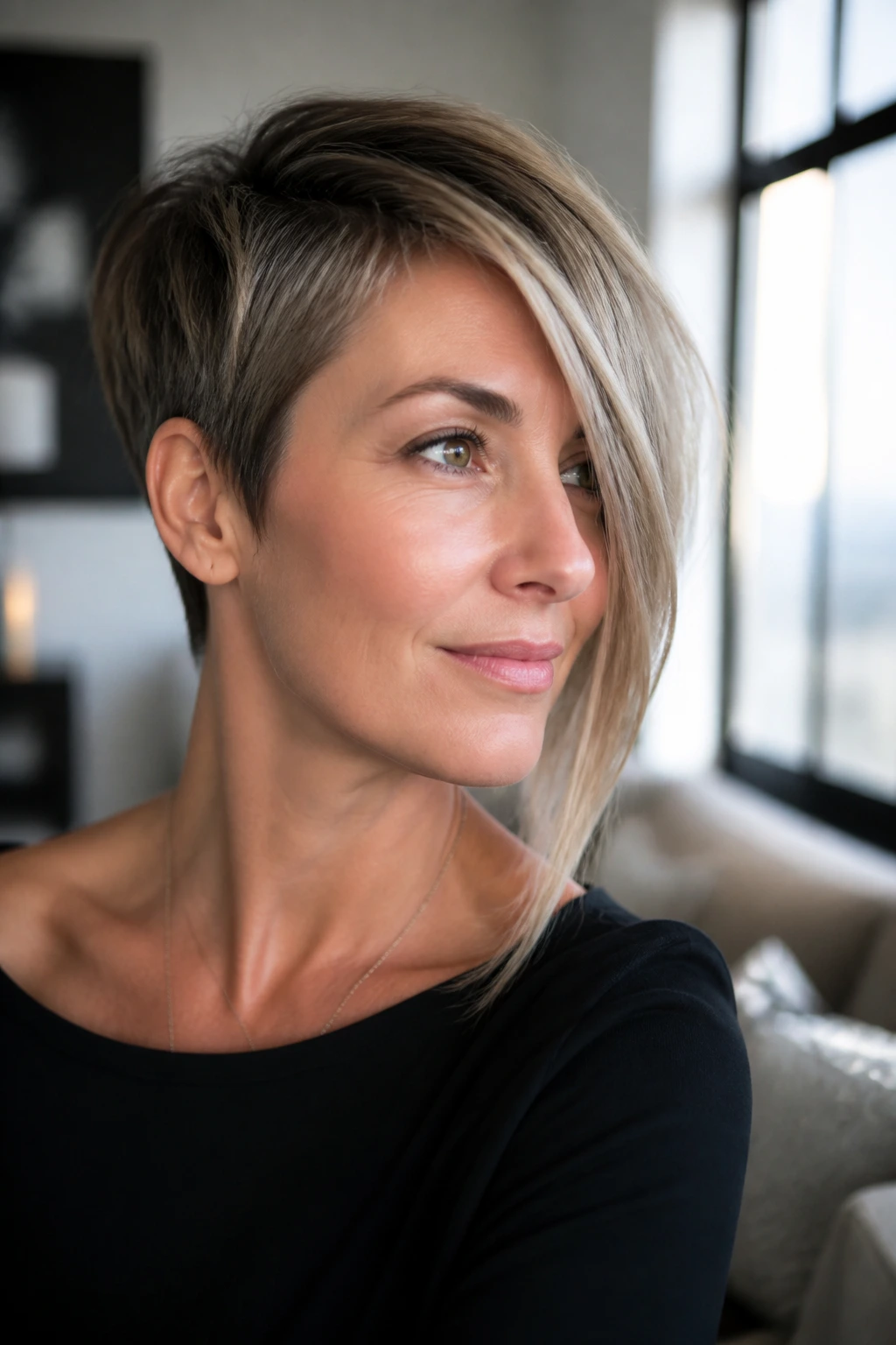 Real person with asymmetrical pixie bob and diagonal jaw-length bangs