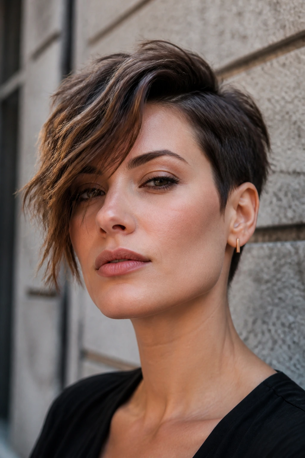 Close-up portrait of a real woman with asymmetrical pixie-bob