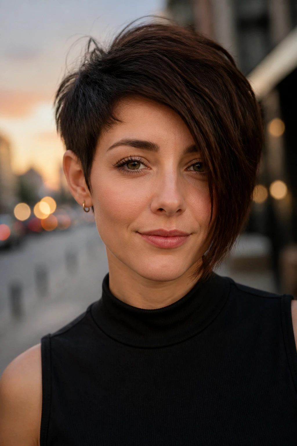 Portrait of a real person with an asymmetrical pixie cut, one side longer.
