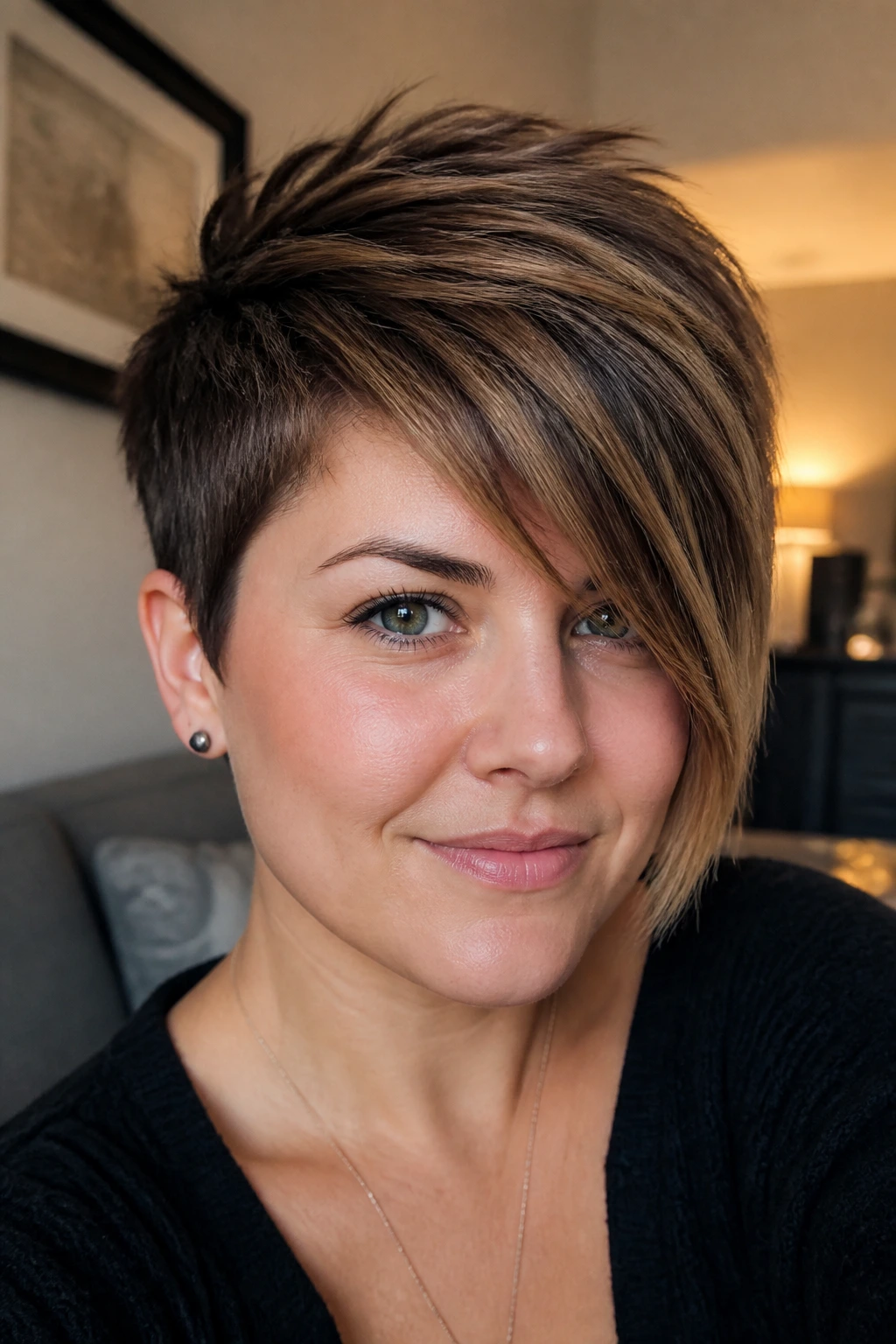 Close-up of a real person with an asymmetrical pixie cut showing diagonal line across the face