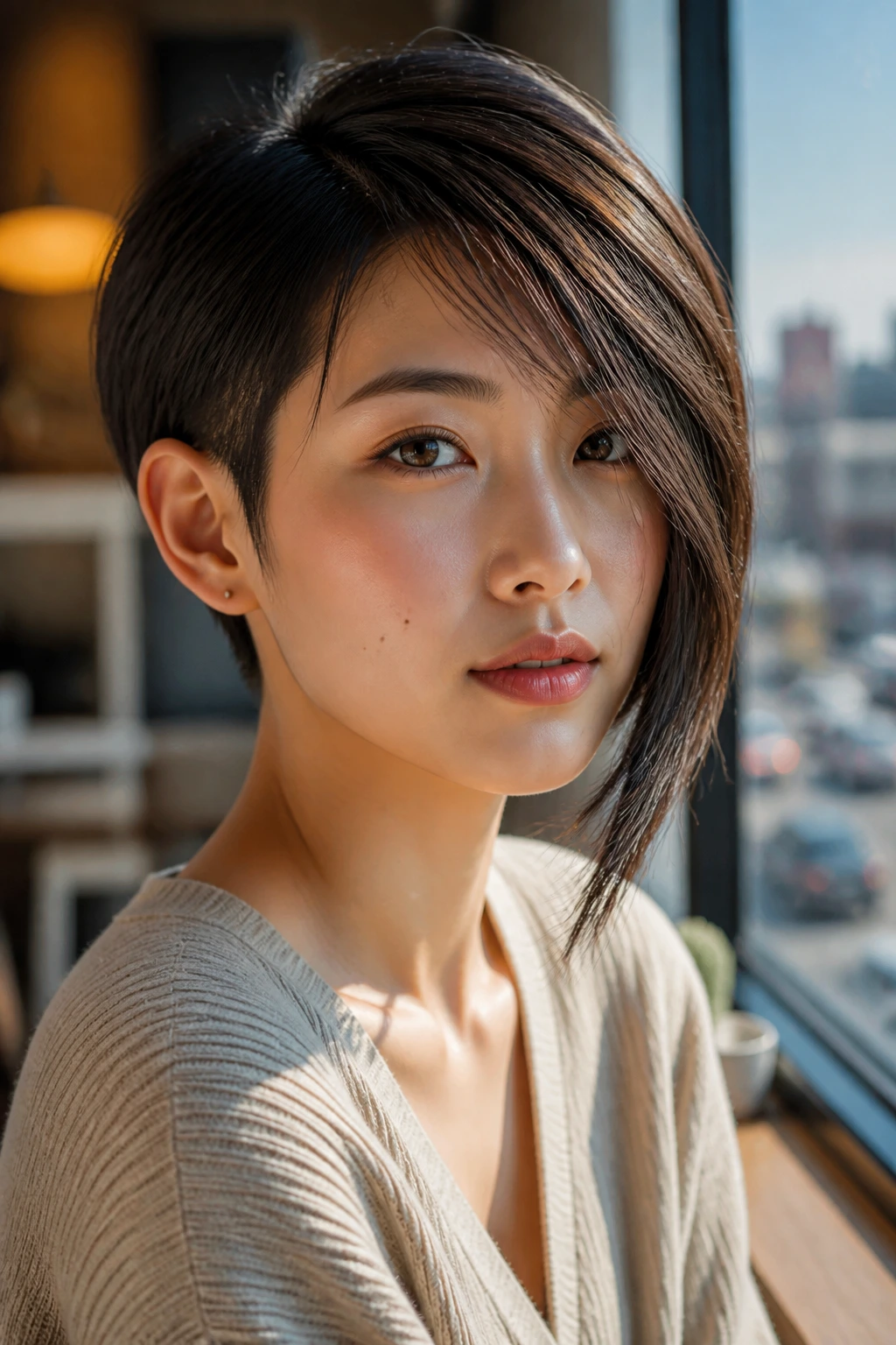 Close-up of a real person with an asymmetrical soft-cut pixie showing longer sweeping side