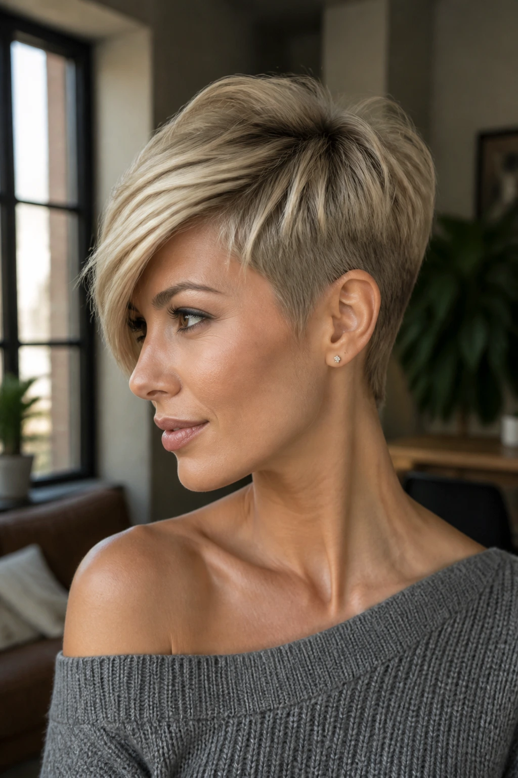 Side profile of a real person with an asymmetrical pixie cut.