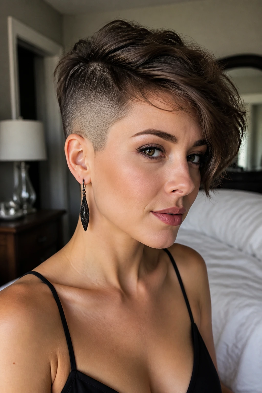 Close-up portrait of a woman with a high fade asymmetrical pixie, jawline emphasized
